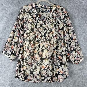 Rose Olive Tunic Top Womens 2X Floral Pintuck 3/4 Sleeve Lined Sheer Flowy Boho